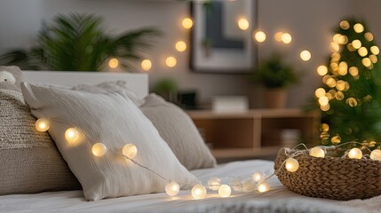 Soft lights and festive decor create a warm atmosphere in a cozy bedroom featuring a Christmas tree and inviting bed