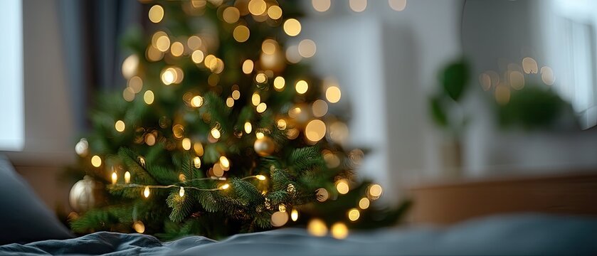 Soft lights and festive decor create a warm atmosphere in a cozy bedroom featuring a Christmas tree and inviting bed