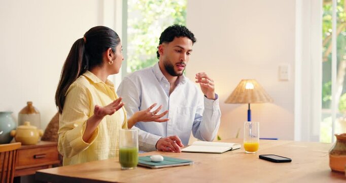 Angry, couple and argue with phone at house for confrontation, secret texting and flirty chats. People, conflict and mobile for privacy issues, suspicious messages and cheating of hidden conversation