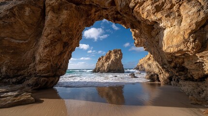 Dramatic ocean cave entrance reveals stunning sea stack bathed in golden sunlight with crashing waves and sandy beach