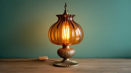 Vintage amber glass table lamp glowing warm light retro interior design element on a wooden surface against a teal wall