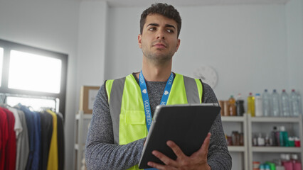Man holds tablet for checking warehouse items as hispanic volunteer tracks donations inventory in aid role as dedicated guy.