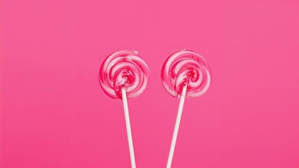 Two pink and white swirl lollipops against a pink background.