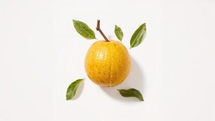Fresh yellow apple with green leaves on a white background. Fruit and nature, healthy lifestyle, fresh produce. The concept of fresh fruit and healthy eating.