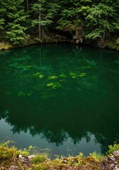 A wide shot of deeply saturated emerald green water filling a quiet natural basin, suggesting high mineral content or dense algae bloom ,still ,bloom ,river