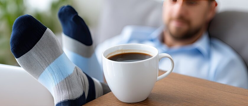 A man sits comfortably on a couch, working on his laptop while sipping a warm drink, dressed in cozy socks during a peaceful afternoon - Powered by Adobe