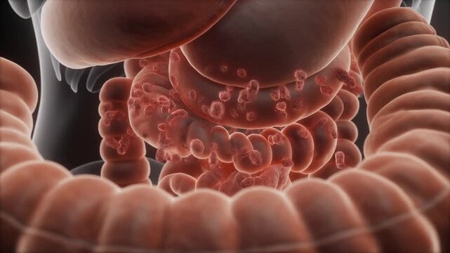 Close-up illustration of the human intestinal tract, showing internal structure and detail