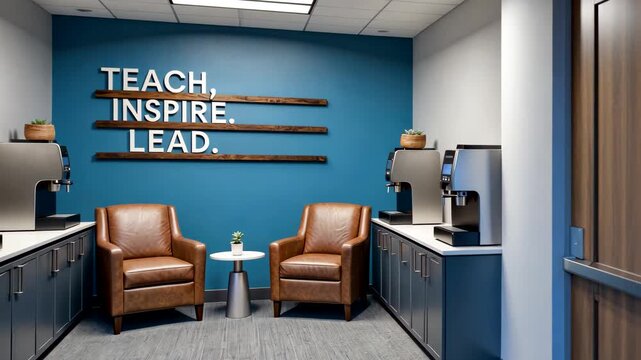 Comfortable office lounge area with two leather chairs small table coffee machine blue accent wall and soft lighting