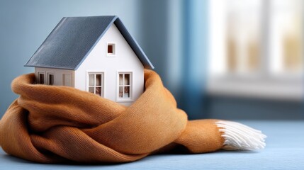 A small house model is gently wrapped in a knitted scarf, resting on a soft surface, with snowy scenery visible through the window
