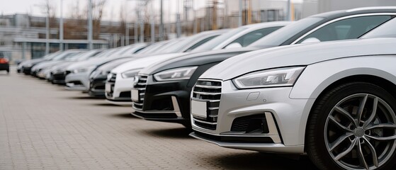 Obraz premium Multiple vehicles are parked closely in a busy lot, with bright sunshine highlighting the sleek designs and colors.