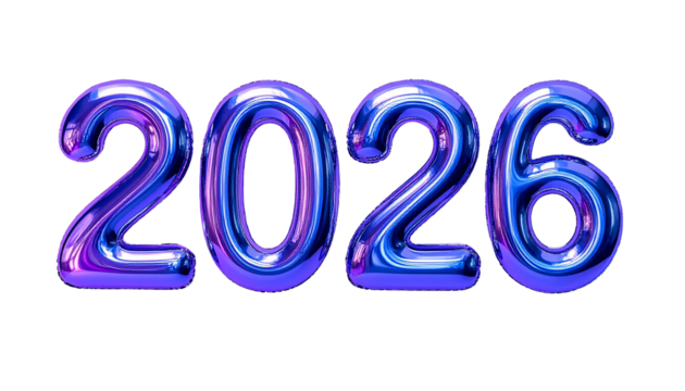 inflated reflective glassy violet blue inscription 2026 isolated on transparent background, png