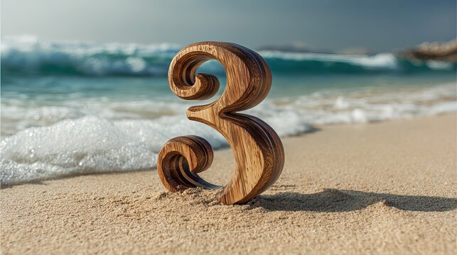 Exquisite wooden number three artfully placed on a sandy beach with gentle ocean waves lapping the shore