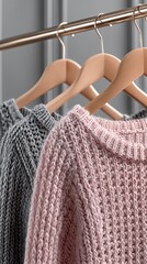 Three vibrant sweaters in soft pastels are displayed on hangers in a well-lit room, inviting warmth and comfort for any outing