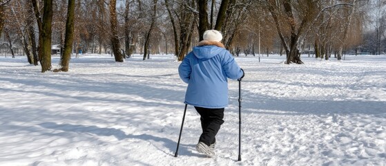 An elderly person strolls down a peaceful pathway, enjoying nature and the tranquility of a sunny day by the water