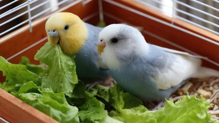 Bright blue and yellow budgerigars munch on fresh parsley in their comfortable space, showing lively interaction and enjoyment