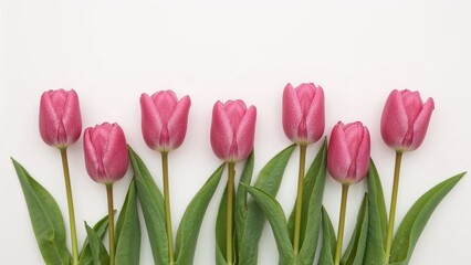 Fototapeta premium Pink tulips with green leaves against a white background.