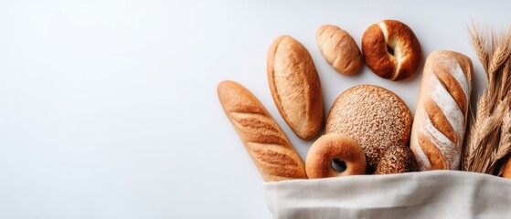 A tempting array of bread types showcases crusty loaves and soft rolls, all perfectly baked and arranged for enjoyment