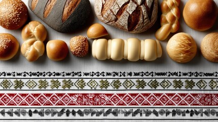 A tempting array of bread types showcases crusty loaves and soft rolls, all perfectly baked and arranged for enjoyment