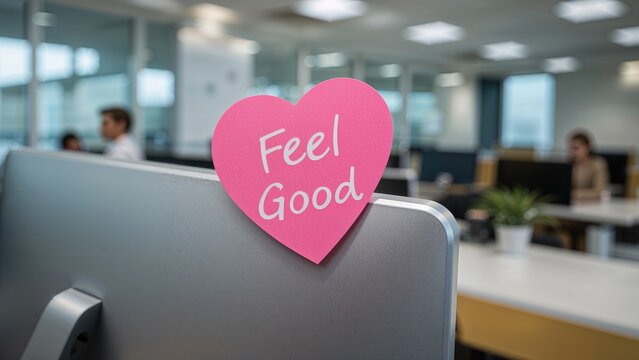 Pink heart-shaped note with "Feel Good" written on it attached to a computer monitor in an office setting.