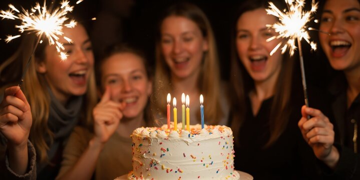 a group of women celebrating their birthday with sparklers
