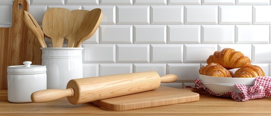 Croissants lie on a rolling pin, surrounded by kitchen essentials, showcasing a warm and inviting baking atmosphere