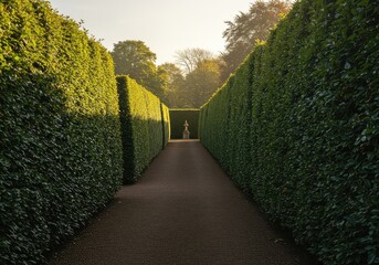 A winding path leading through a formal garden bordered by tall, perfectly trimmed green beech hedges in warm sunlight ,green ,border ,backdrop