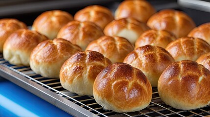 Breads and rolls on a conveyor belt await packaging, showcasing various shapes and textures in a clean bakery environment