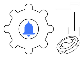 Gear with bell in blue highlights notifications, paired with a falling coin emphasizing financial themes. Ideal for automation, alerts, configuration, finance, savings, optimization, efficiency