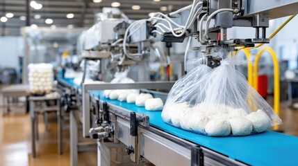 Breads and rolls on a conveyor belt await packaging, showcasing various shapes and textures in a clean bakery environment