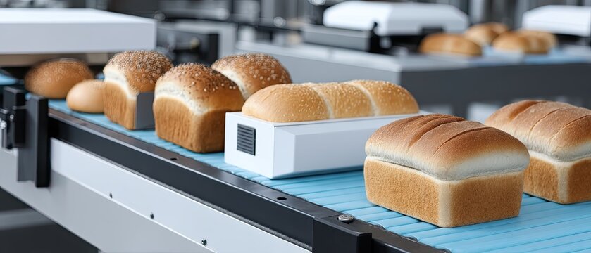Breads and rolls on a conveyor belt await packaging, showcasing various shapes and textures in a clean bakery environment - Powered by Adobe