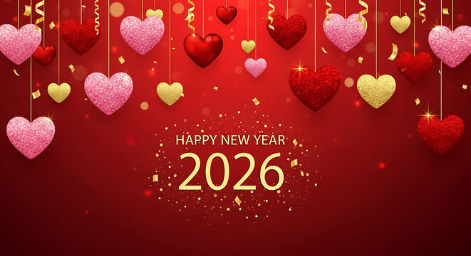 Happy new year 2026 with hanging hearts on a red background