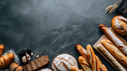 An array of different types of bread, including baguettes and rolls, is beautifully arranged for an appealing presentation