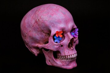 a pink skull with flowers on it