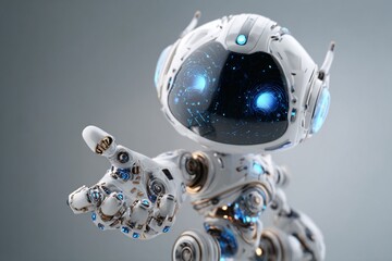 AI Generated: Friendly, small white 3D robot character with bright blue eyes extending a hand, symbolizing AI and tech.