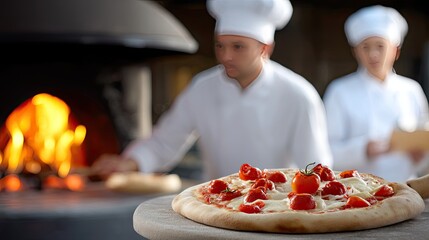 Two hot pizzas sit on a wooden table while restaurant staff prepare for customers in a modern setting