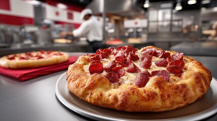 Two hot pizzas sit on a wooden table while restaurant staff prepare for customers in a modern setting