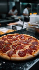 Two hot pizzas sit on a wooden table while restaurant staff prepare for customers in a modern setting