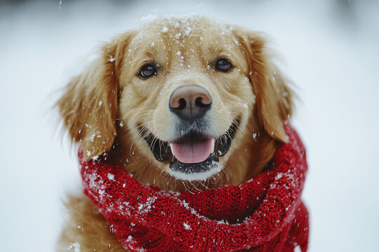 Golden Retriever dog wearing a red scarf in the snow looking happy and smiling.