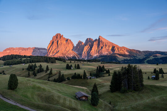 Famous view on Alpe di Siusi during golden hour sunset in the Italian Dolomites