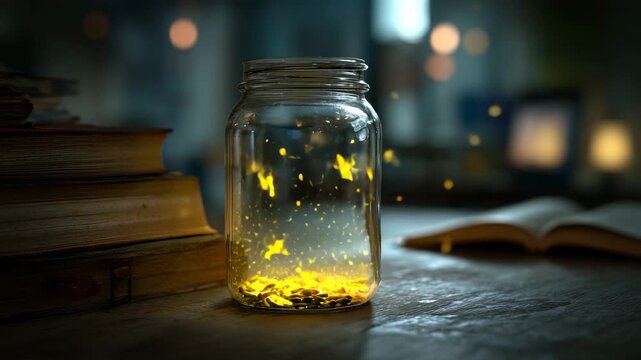 Ultra HD A magical jar filled with glowing fireflies, capturing the essence of wonder, imagination, and the beauty of nature, evoking a sense of nostalgia and enchantment in a dimly lit setting