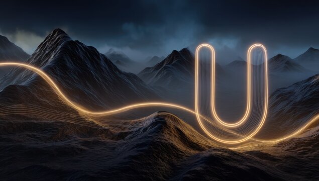 The image is a mountain range with a glowing letter U in the middle