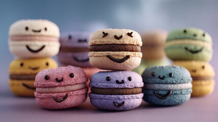 Delightful macarons with adorable smiling faces bring joy and sweetness to any occasion, perfect for playful branding and happy celebrations.