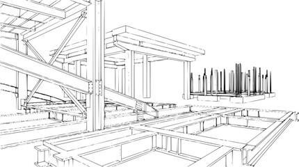 Obraz premium Construction elements and steel beams depicted in an architectural illustration with black outline 