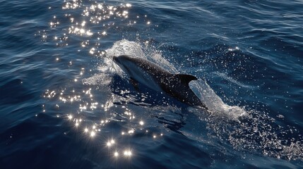 Fototapeta premium Dynamic dolphin leaps through shimmering ocean waves, capturing the vibrant energy of marine wildlife in dazzling sunlight