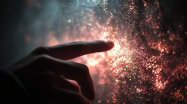 Intimate moment touching bokeh lights, evoking wonder, connection, and the magic of discovery in a dreamlike atmosphere.