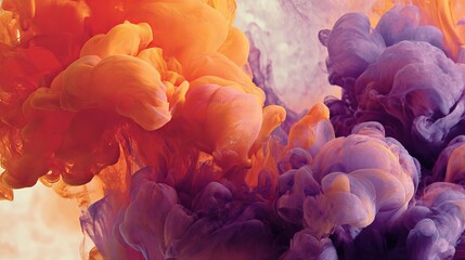 Vibrant abstract explosion of orange and purple ink swirling dynamically in liquid, creating mesmerizing organic forms and ethereal textures.