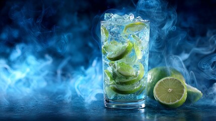 Refreshing iced lime cocktail with vibrant citrus slices swirls in cool blue smoky atmosphere