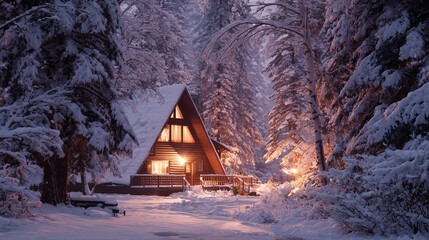 Cozy A-frame cabin glowing with warm light amidst a snowy forest wonderland, evoking winter escape and peaceful solitude.