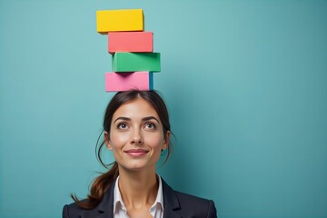 A whimsical portrait showcasing a businesswoman expertly balancing a stack of colorful blocks on her head as a display of multitasking skills