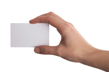 Obraz premium Professional hand presenting a blank white card for branding or identification, perfect for business and marketing mockups